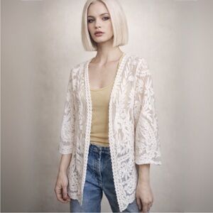 Ronni Nicole White Lace Boho Cardigan Sheer Floral Open Front
